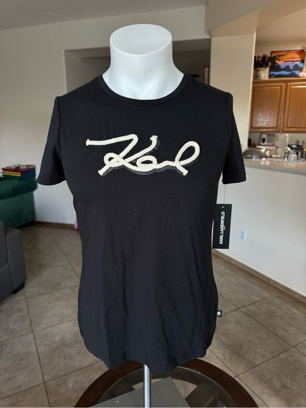 Karl Lagerfeld Black Short Sleeve Tee with Cream Script Logo